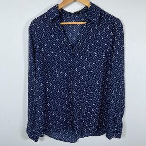 Express Portofino Shirt Womens L Blue Anchors Print Nautical Classic Old Money
